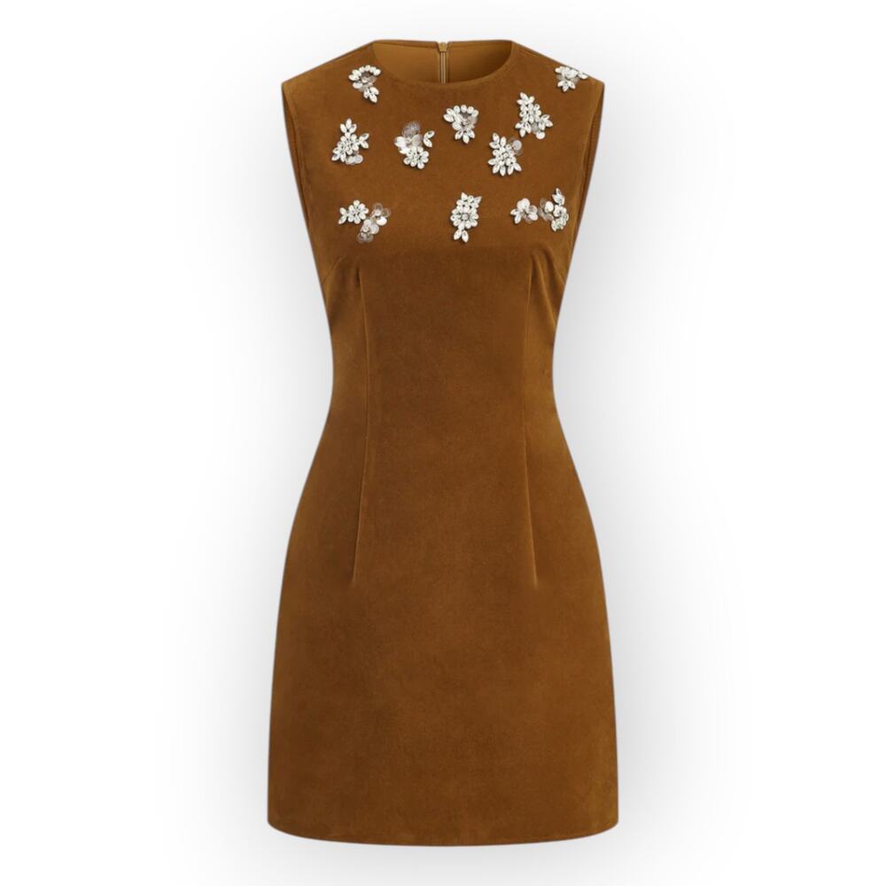 Commense Soft Brown Velvet Floral Jewel Mini Dress L NWT - European Elegance - Picture 3 of 10